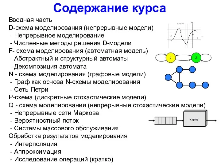 Содержание курса Вводная часть D-схема моделирования (непрерывные модели) - Непрерывное моделирование