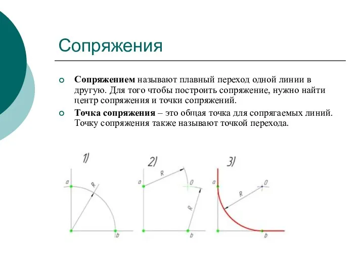 Сопряжения Сопряжением называют плавный переход одной линии в другую. Для того