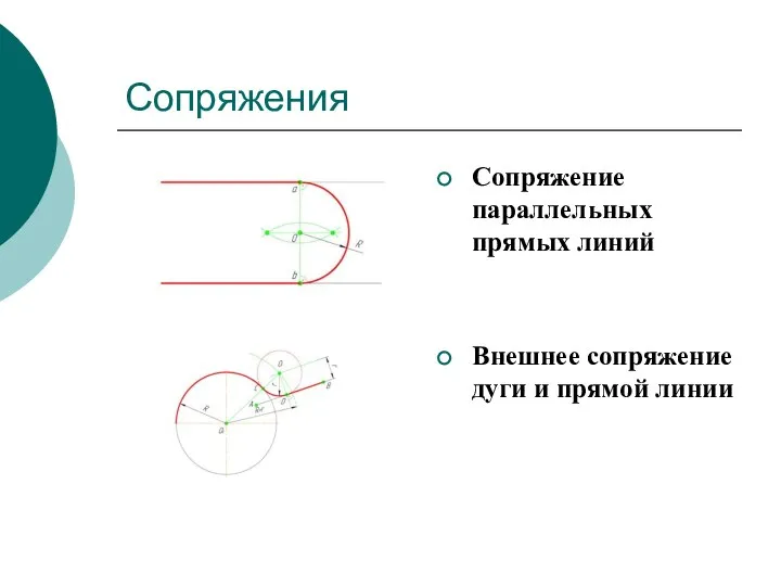 Сопряжения Сопряжение параллельных прямых линий Внешнее сопряжение дуги и прямой линии