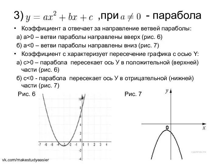 3) ,при - парабола Коэффициент а отвечает за направление ветвей параболы: