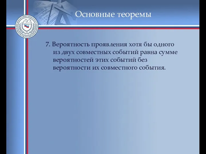 Основные теоремы 7. Вероятность проявления хотя бы одного из двух совместных