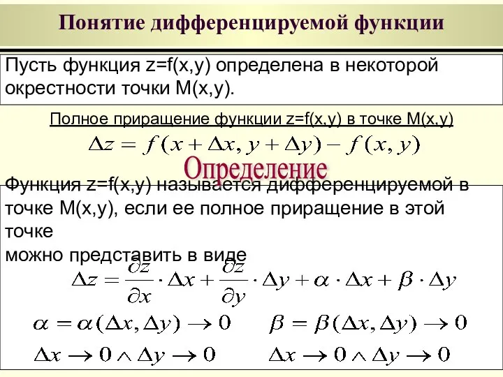 Понятие дифференцируемой функции Пусть функция z=f(x,y) определена в некоторой окрестности точки