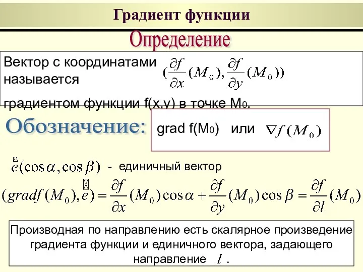 Градиент функции Определение Вектор с координатами называется градиентом функции f(x,y) в