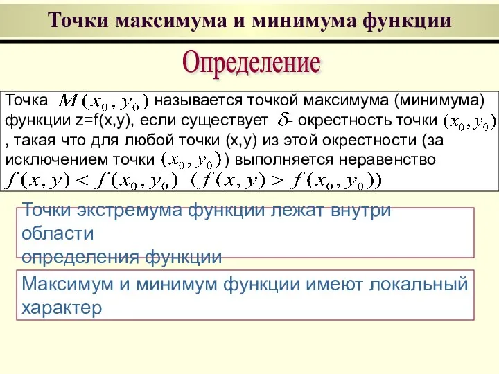 Точки экстремума функции лежат внутри области определения функции Точки максимума и