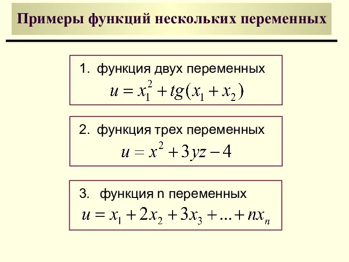 Примеры функций нескольких переменных 1. функция двух переменных 2. функция трех переменных 3. функция n переменных