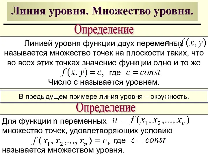 Линия уровня. Множество уровня. Определение Линией уровня функции двух переменных называется