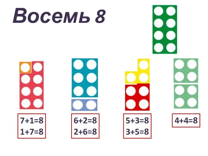 Восемь 8 4+4=8 5+3=8 3+5=8 6+2=8 2+6=8 7+1=8 1+7=8