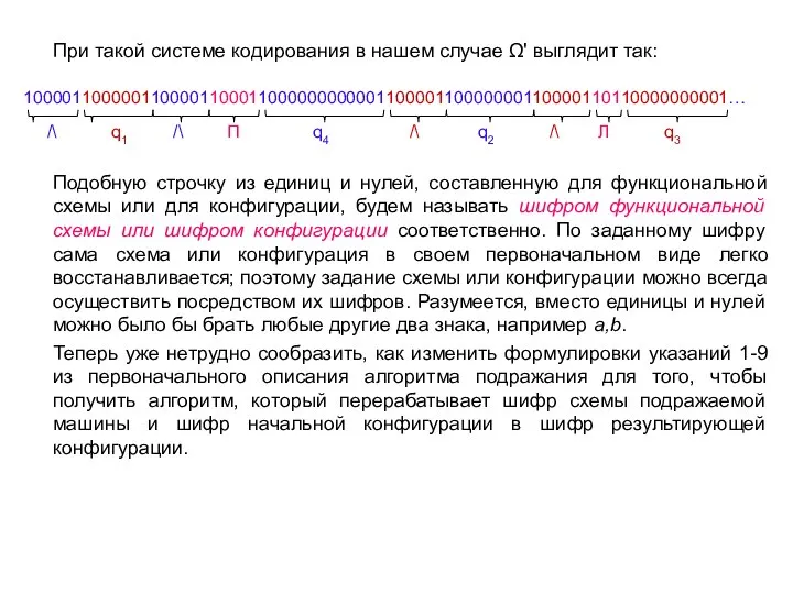 При такой системе кодирования в нашем случае Ω' выглядит так: 100001100000110000110001100000000000110000110000000110000110110000000001…