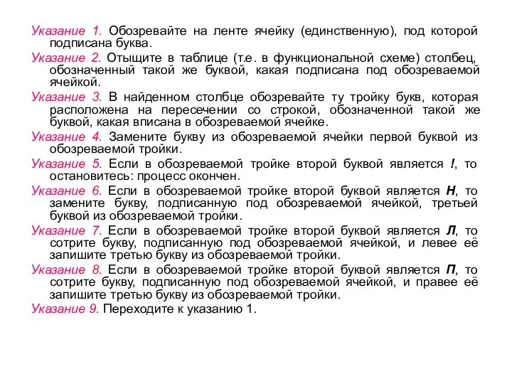 Указание 1. Обозревайте на ленте ячейку (единственную), под которой подписана буква.