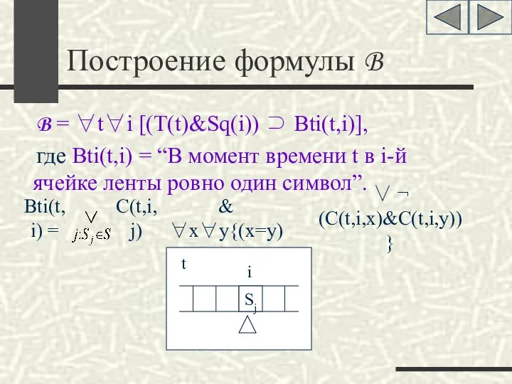 Построение формулы B B = ∀t∀i [(T(t)&Sq(i)) ⊃ Bti(t,i)], где Bti(t,i)