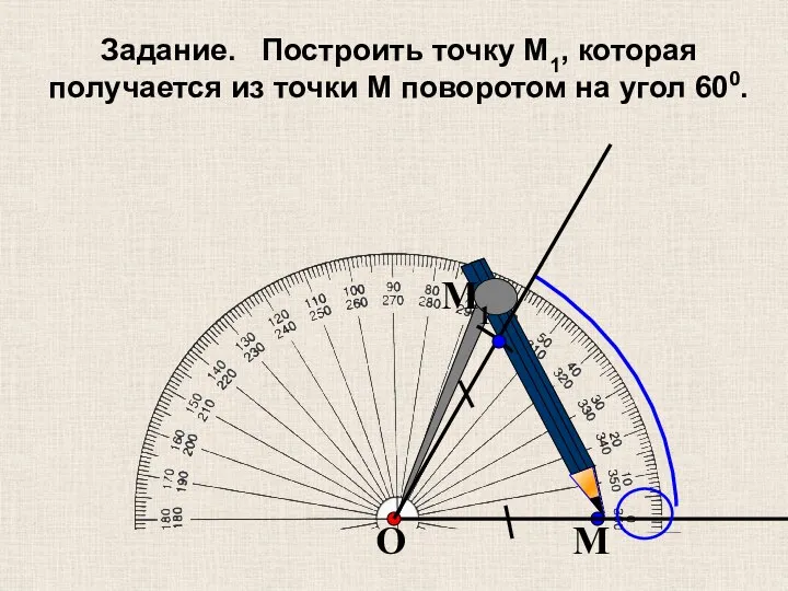 O M M1 Задание. Построить точку M1, которая получается из точки M поворотом на угол 600.