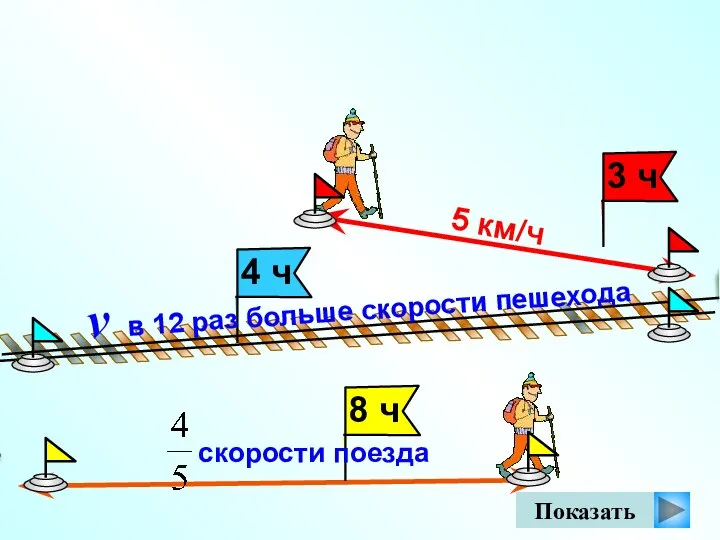 Показать 5 км/ч v в 12 раз больше скорости пешехода