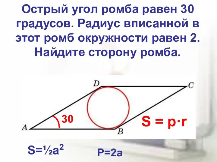 Острый угол ромба равен 30 градусов. Радиус вписанной в этот ромб