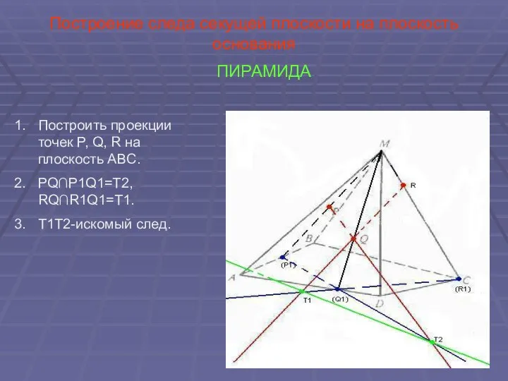 Построение следа секущей плоскости на плоскость основания ПИРАМИДА Построить проекции точек