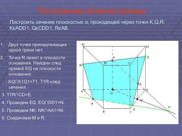 Построение сечения призмы Двух точек принадлежащих одной грани нет. Точка R