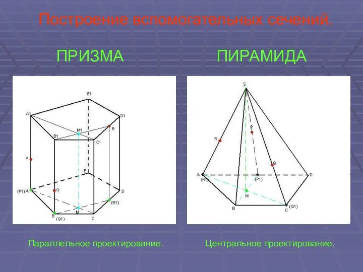 Построение вспомогательных сечений. ПРИЗМА ПИРАМИДА Параллельное проектирование. Центральное проектирование.