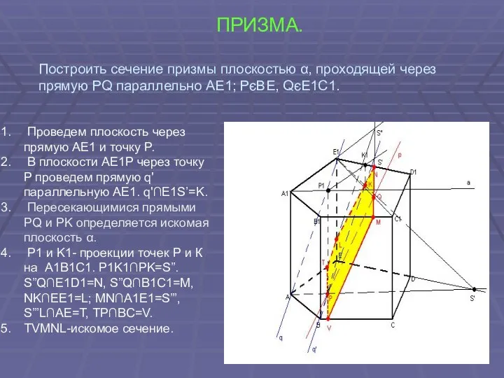 ПРИЗМА. Построить сечение призмы плоскостью α, проходящей через прямую PQ параллельно