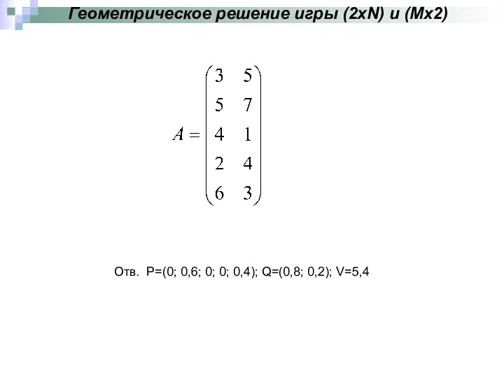 Геометрическое решение игры (2xN) и (Mx2) Отв. P=(0; 0,6; 0; 0; 0,4); Q=(0,8; 0,2); V=5,4
