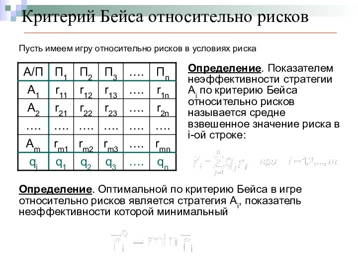 Критерий Бейса относительно рисков Пусть имеем игру относительно рисков в условиях
