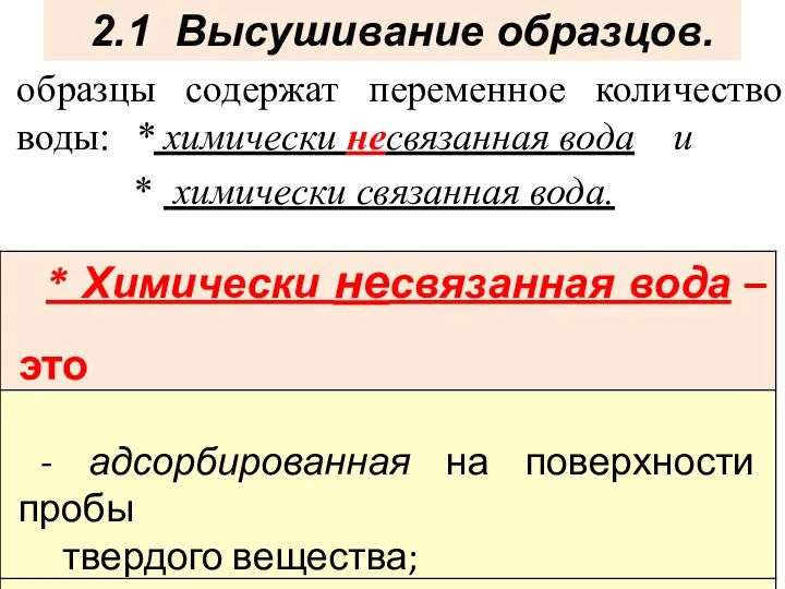 2.1 Высушивание образцов. образцы содержат переменное количество воды: * химически несвязанная