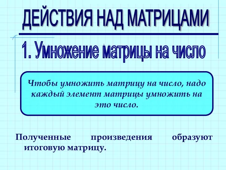 ДЕЙСТВИЯ НАД МАТРИЦАМИ 1. Умножение матрицы на число Чтобы умножить матрицу