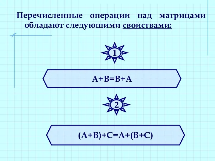 Перечисленные операции над матрицами обладают следующими свойствами: А+В=В+А (А+В)+С=А+(В+С) 1 2