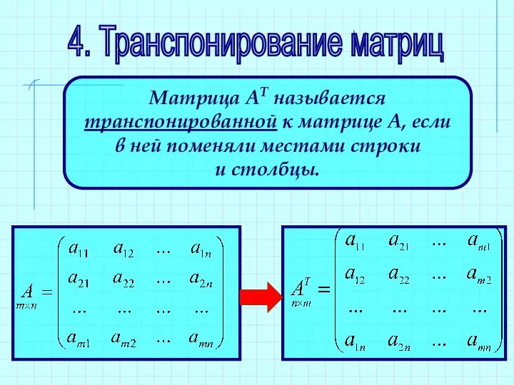 4. Транспонирование матриц Матрица АТ называется транспонированной к матрице А, если