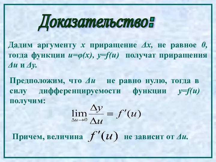 Доказательство: Дадим аргументу х приращение Δх, не равное 0, тогда функции