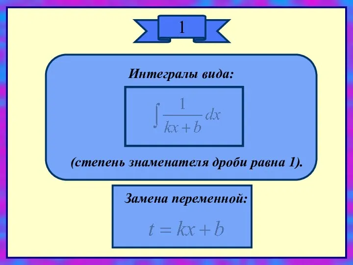 1 Интегралы вида: (степень знаменателя дроби равна 1). Замена переменной: