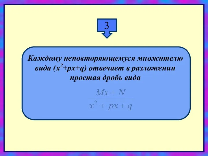 3 Каждому неповторяющемуся множителю вида (x2+px+q) отвечает в разложении простая дробь вида