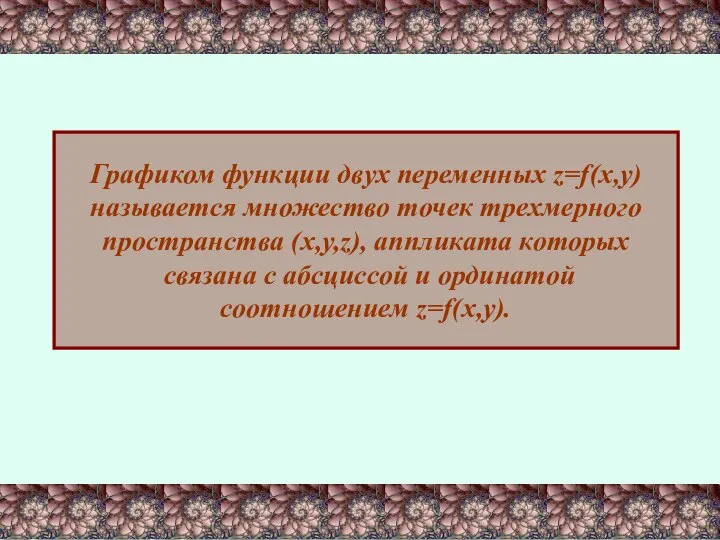 Графиком функции двух переменных z=f(x,y) называется множество точек трехмерного пространства (x,y,z),