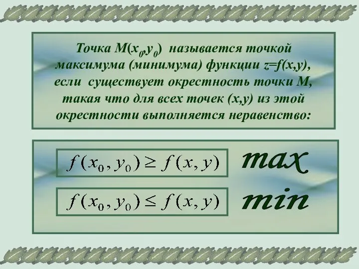 Точка М(х0,у0) называется точкой максимума (минимума) функции z=f(x,y), если существует окрестность