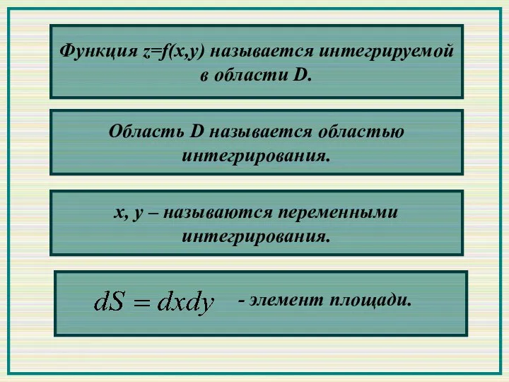 Функция z=f(x,у) называется интегрируемой в области D. Область D называется областью