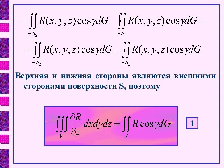 Верхняя и нижняя стороны являются внешними сторонами поверхности S, поэтому 1