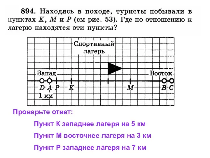 Проверьте ответ: Пункт К западнее лагеря на 5 км Пункт М