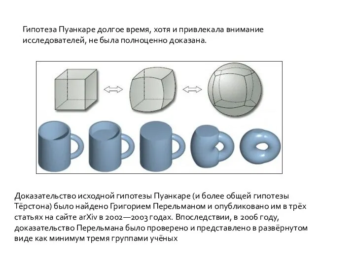 Гипотеза Пуанкаре долгое время, хотя и привлекала внимание исследователей, не была