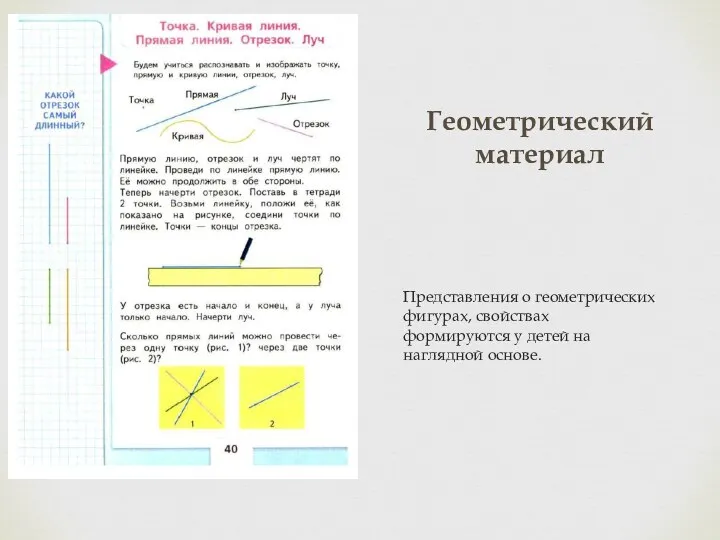 Геометрический материал Представления о геометрических фигурах, свойствах формируются у детей на наглядной основе.