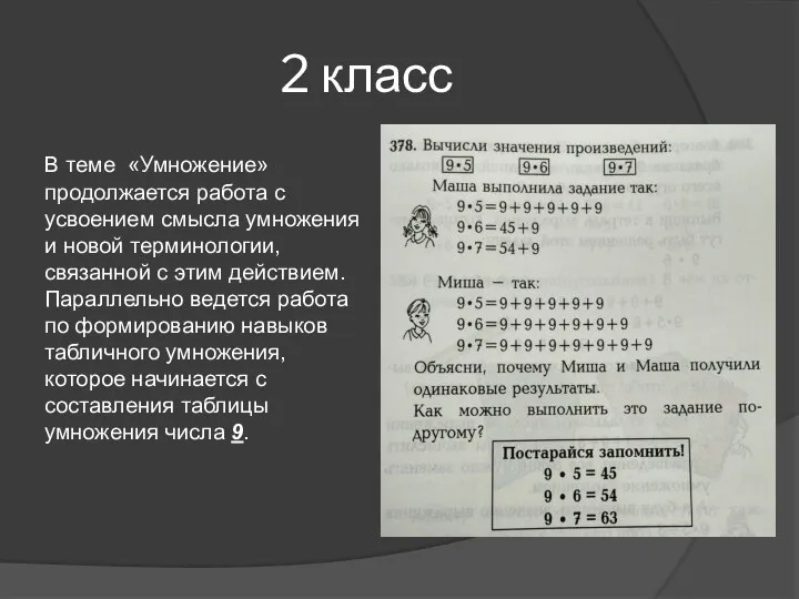 2 класс В теме «Умножение» продолжается работа с усвоением смысла умножения