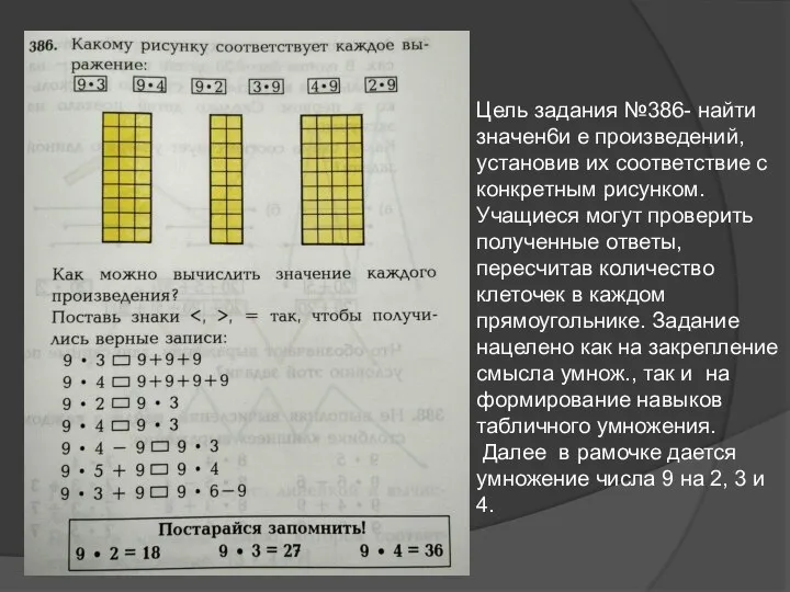 Цель задания №386- найти значен6и е произведений, установив их соответствие с