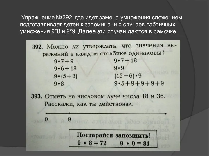 Упражнение №392, где идет замена умножения сложением, подготавливает детей к запоминанию