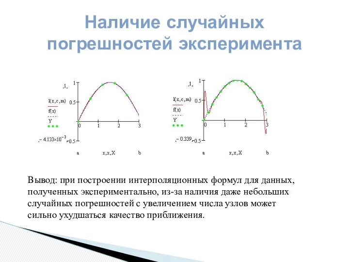 Наличие случайных погрешностей эксперимента Вывод: при построении интерполяционных формул для данных,