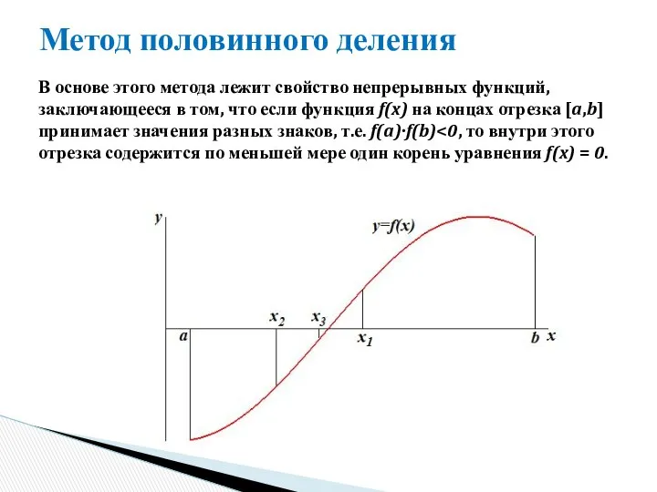 Метод половинного деления В основе этого метода лежит свойство непрерывных функций,