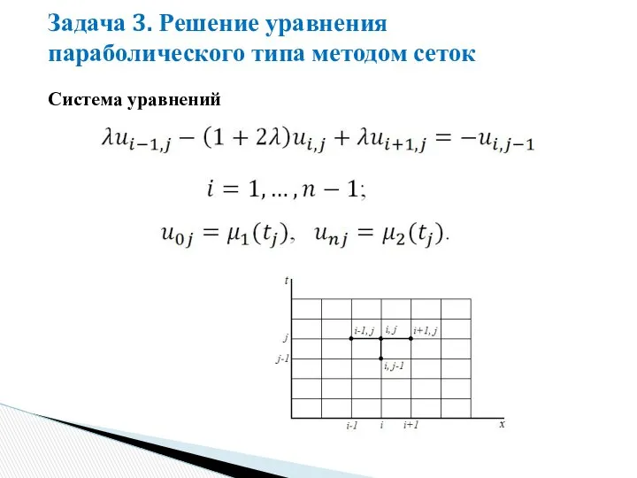 Задача 3. Решение уравнения параболического типа методом сеток Система уравнений