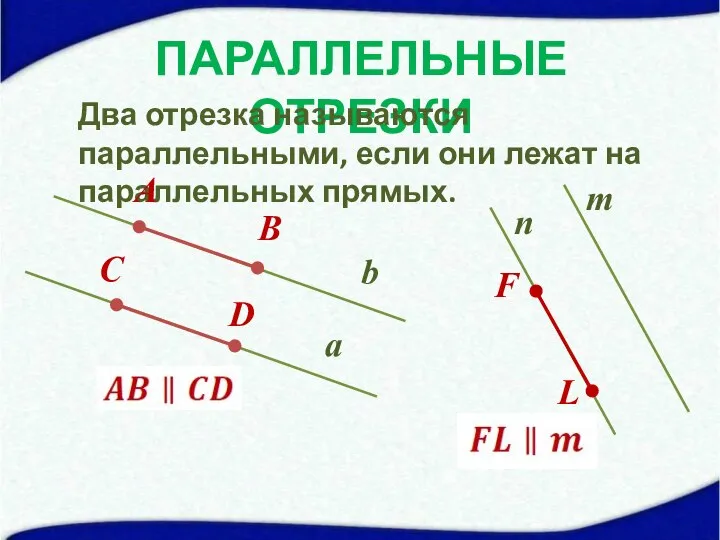 ПАРАЛЛЕЛЬНЫЕ ОТРЕЗКИ Два отрезка называются параллельными, если они лежат на параллельных