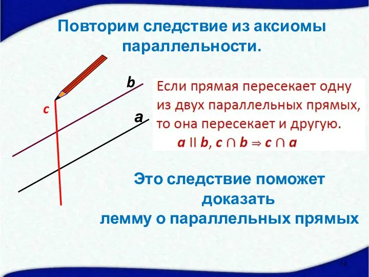 а c b Это следствие поможет доказать лемму о параллельных прямых Повторим следствие из аксиомы параллельности.