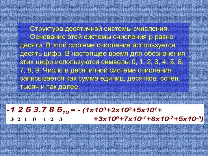 Структура десятичной системы счисления. Основание этой системы счисления p равно десяти.