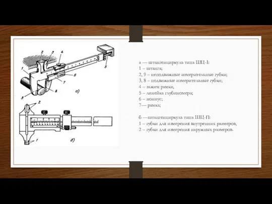 а — штангенциркуль типа ШЦ-I: 1 – штанга; 2, 9 –