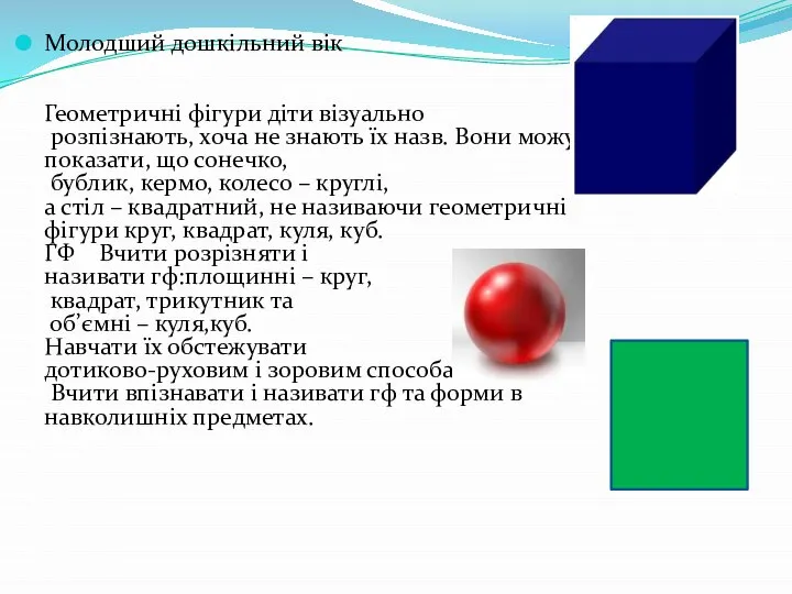 Молодший дошкільний вік Геометричні фігури діти візуально розпізнають, хоча не знають