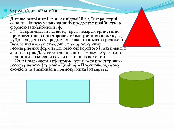 Середній дошкільний вік Дитина розрізняє і називає відомі їй гф, їх