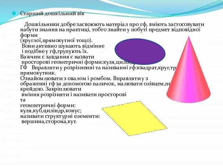 Старший дошкільний вік Дошкільники добре засвоюють матеріал про гф, вміють застосовувати